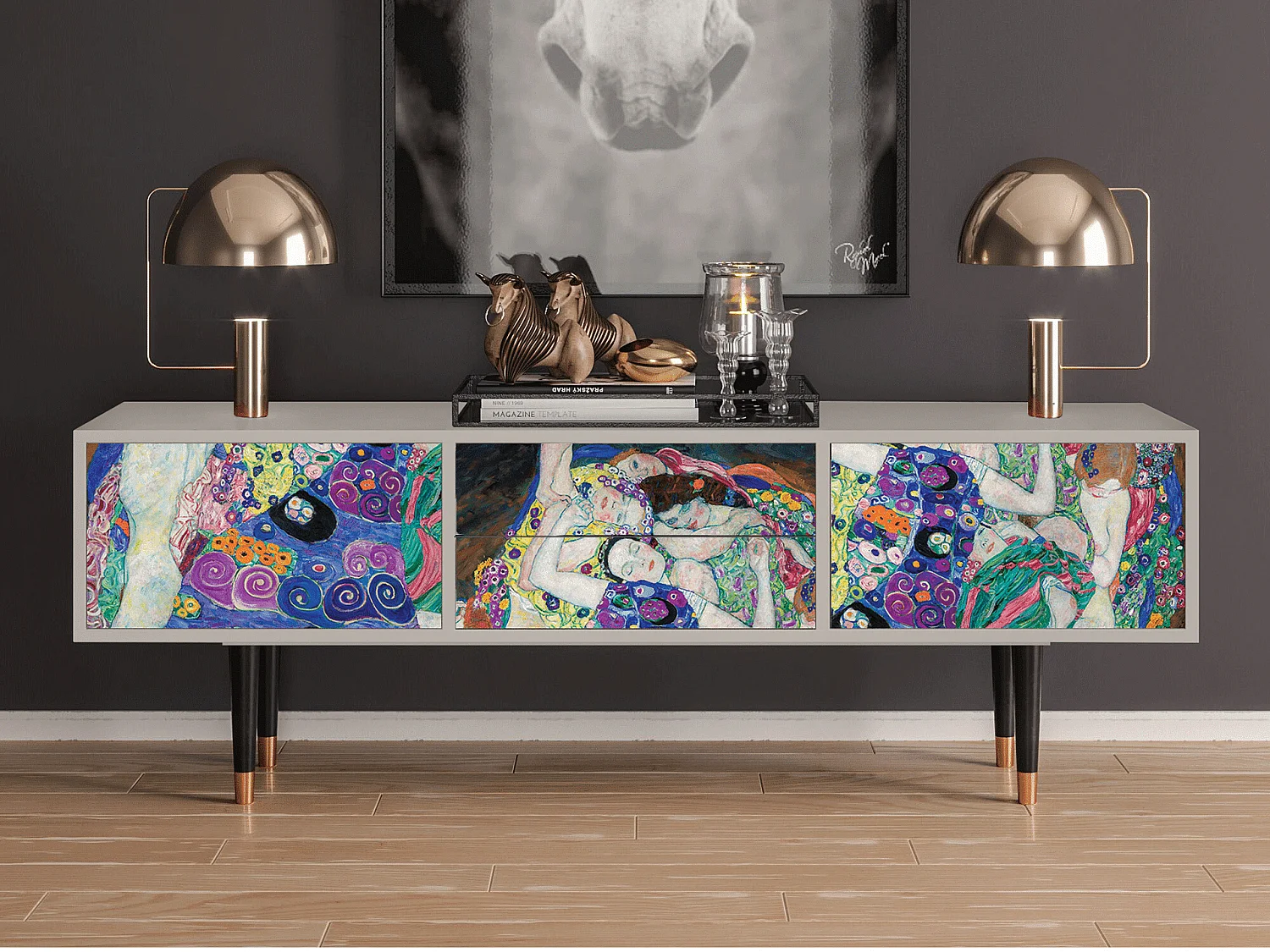 Szafka RTV - 170х59х48 cm - T4 - The Maiden by Klimt, Piaskowy