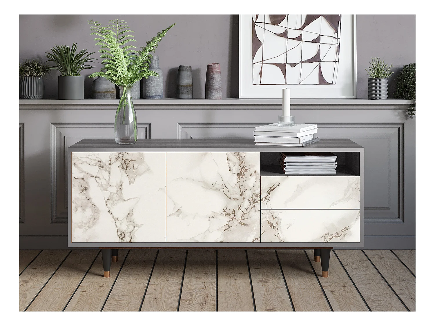 TV-Möbel - 125х56х41 cm - T7 - Milk Marble, Grau
