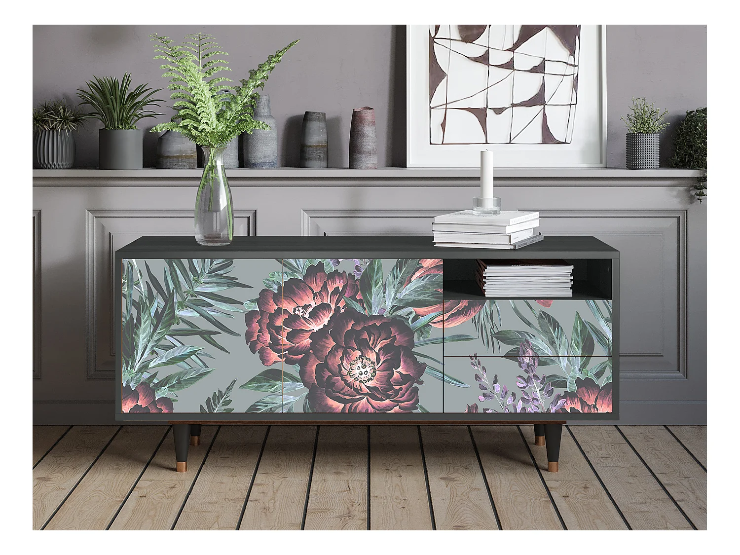 Mueble de TV - 125х56х41 cm - T7 - Light Peonies, Antracita