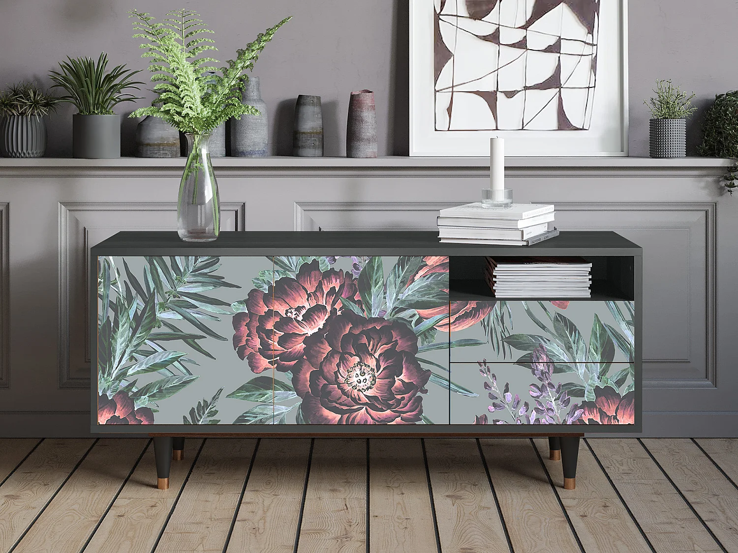 TV-Möbel - 125х56х41 cm - T7 - Light Peonies, Anthrazit