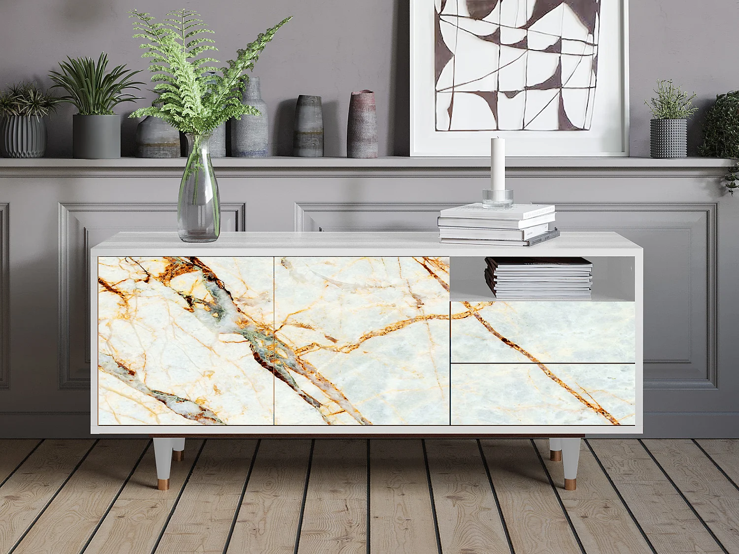 Meuble TV - 125х56х41 cm - T7 - Sabley Marble, Blanc