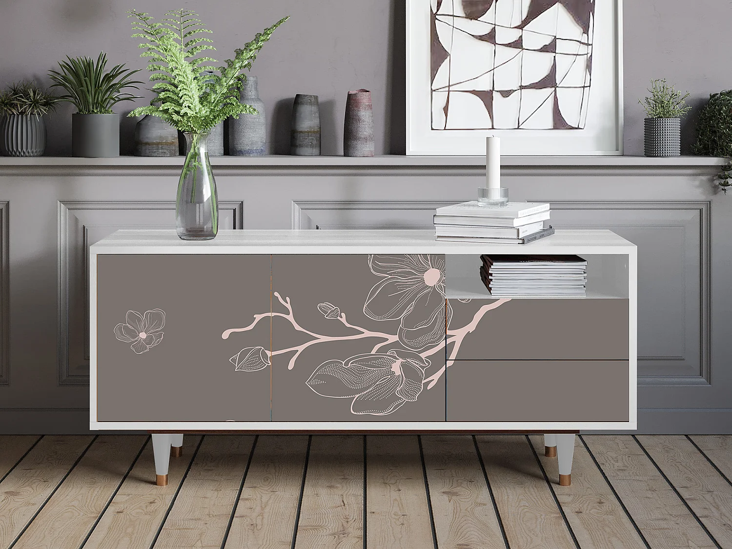 TV-Möbel - 125х56х41 cm - T7 - Cherry Blossom, Weiß