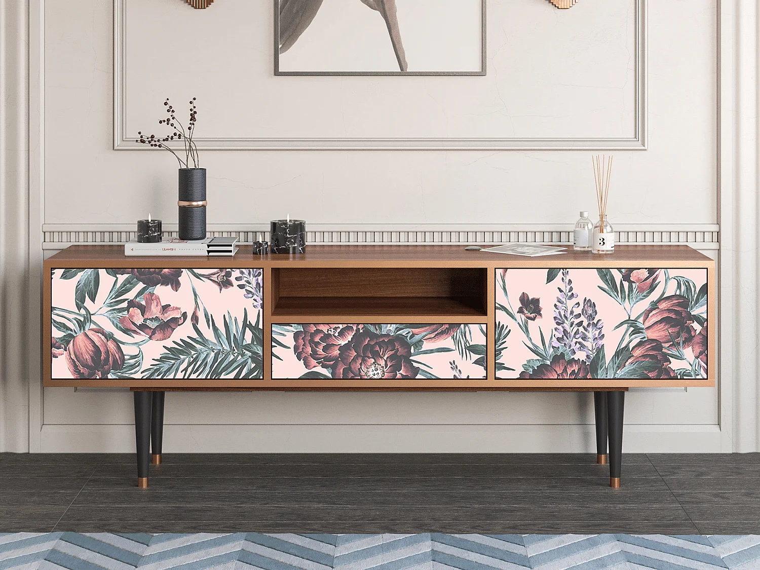 TV-Möbel - 170х59х41 cm - T6 - Peach Peonies, Walnuss