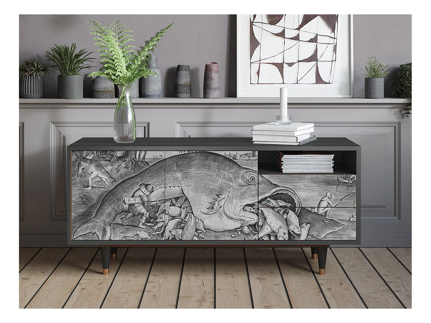 Szafka RTV - 125х56х41 cm - T7 - Big Fish Eat Little, Antracyt