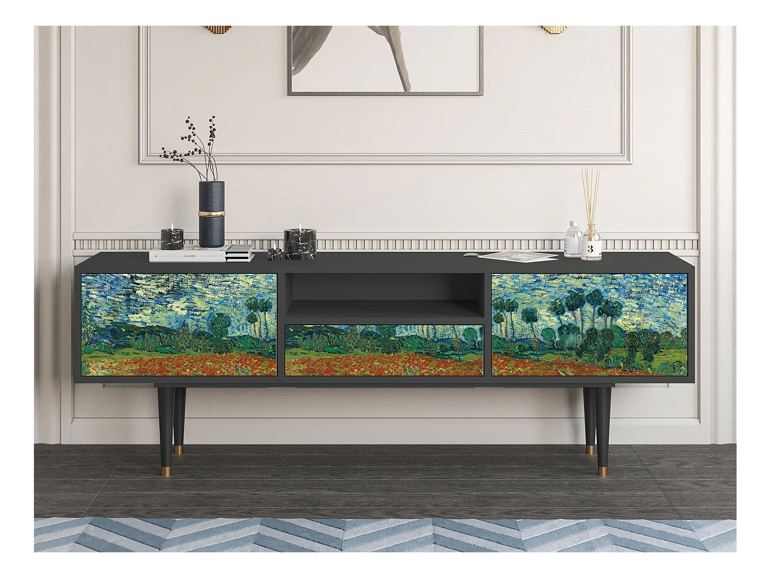 TV-Möbel - 170х59х41 cm - T6 - Poppy field by van Gogh, Anthrazit