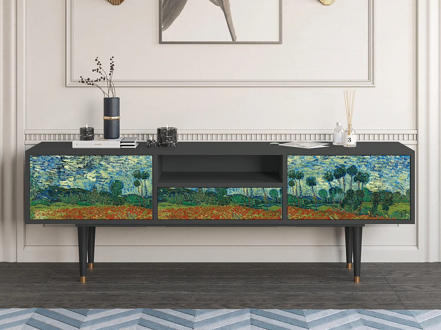 Meuble TV - 170х59х41 cm - T6 - Poppy field by van Gogh, Anthracite