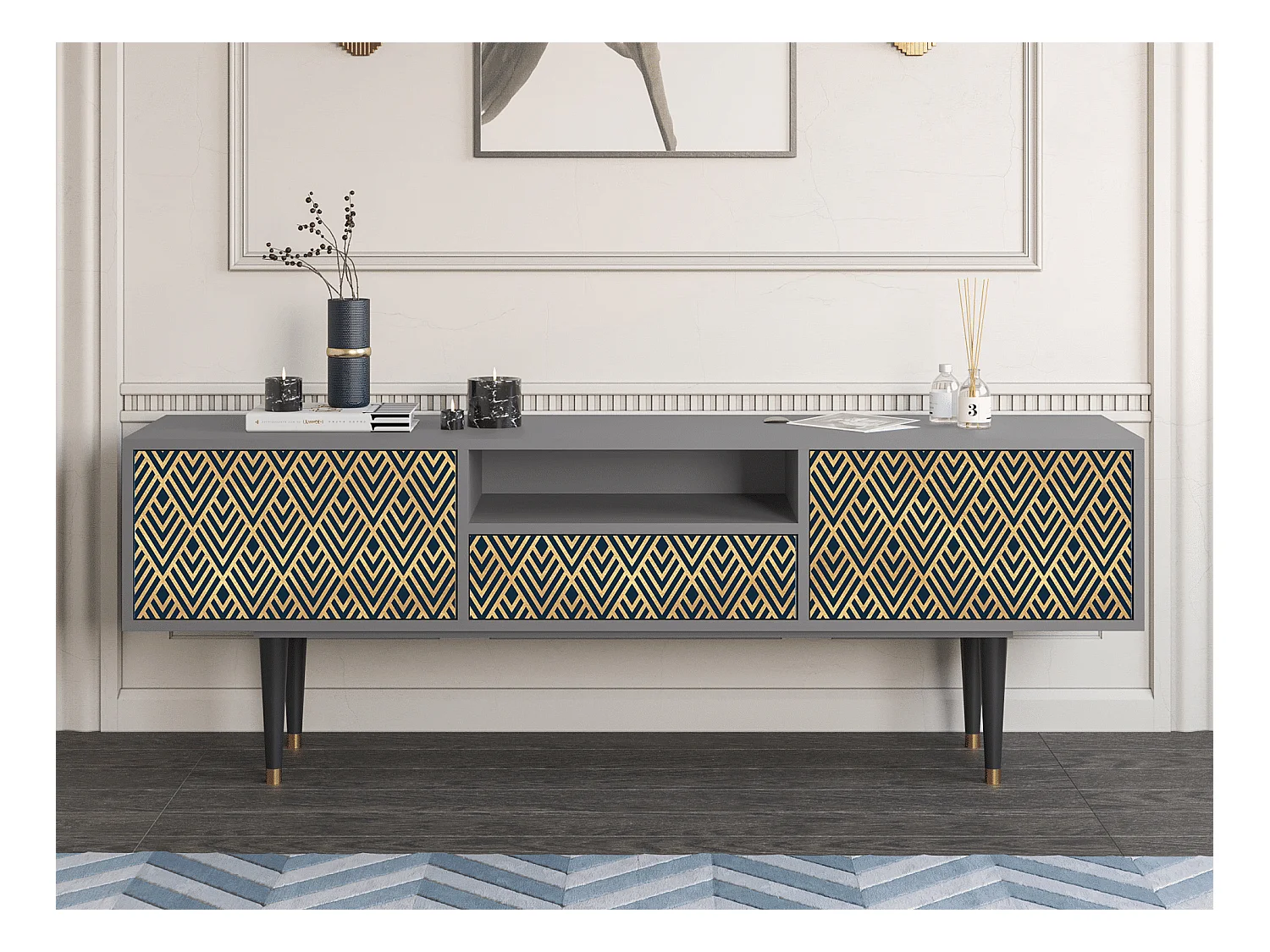 Meuble TV - 170х59х41 cm - T6 - Egypt Triangles, Gris