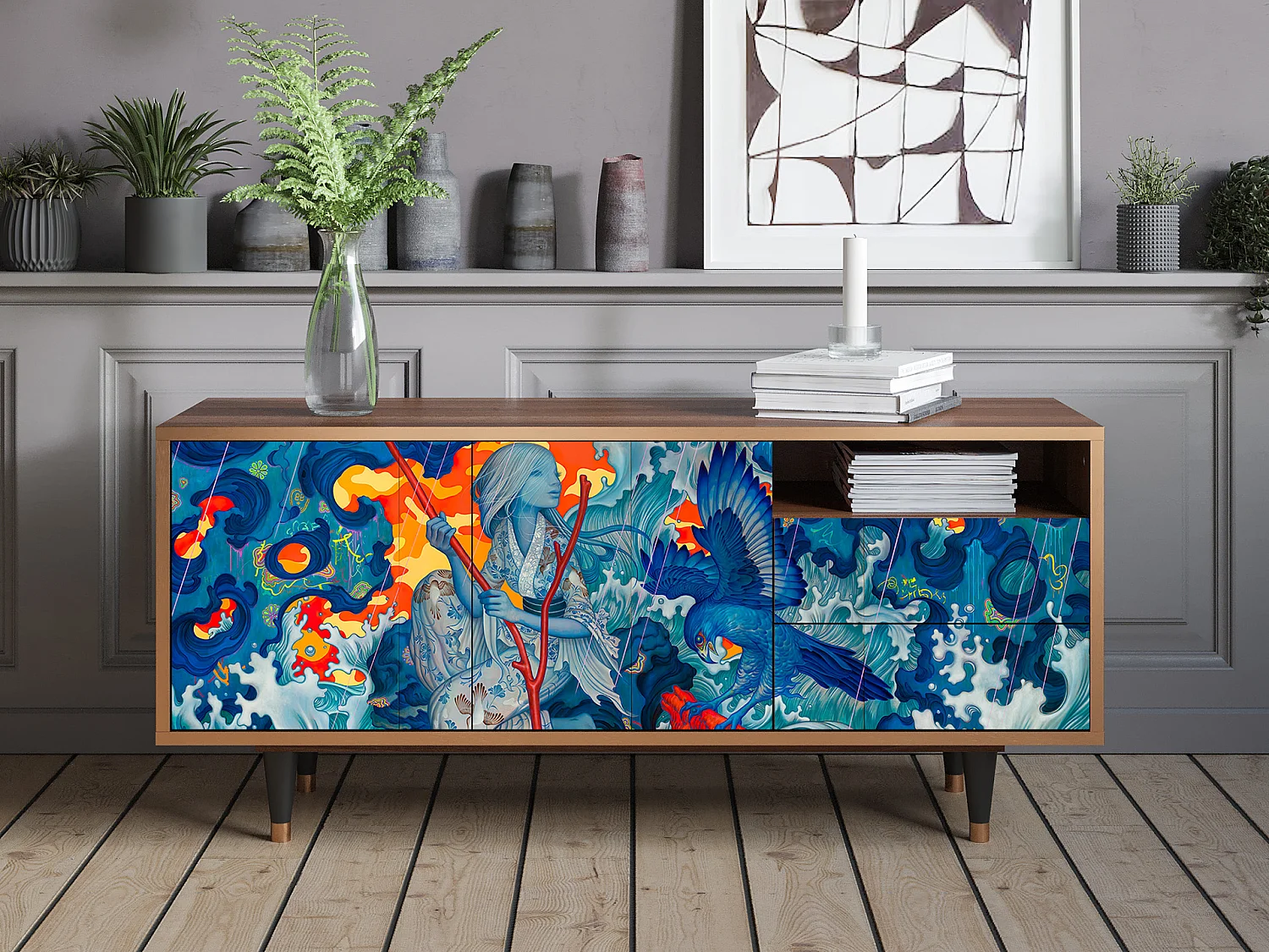 Szafka RTV - 125х56х41 cm - T7 - The Girl - James Jean, Orzech