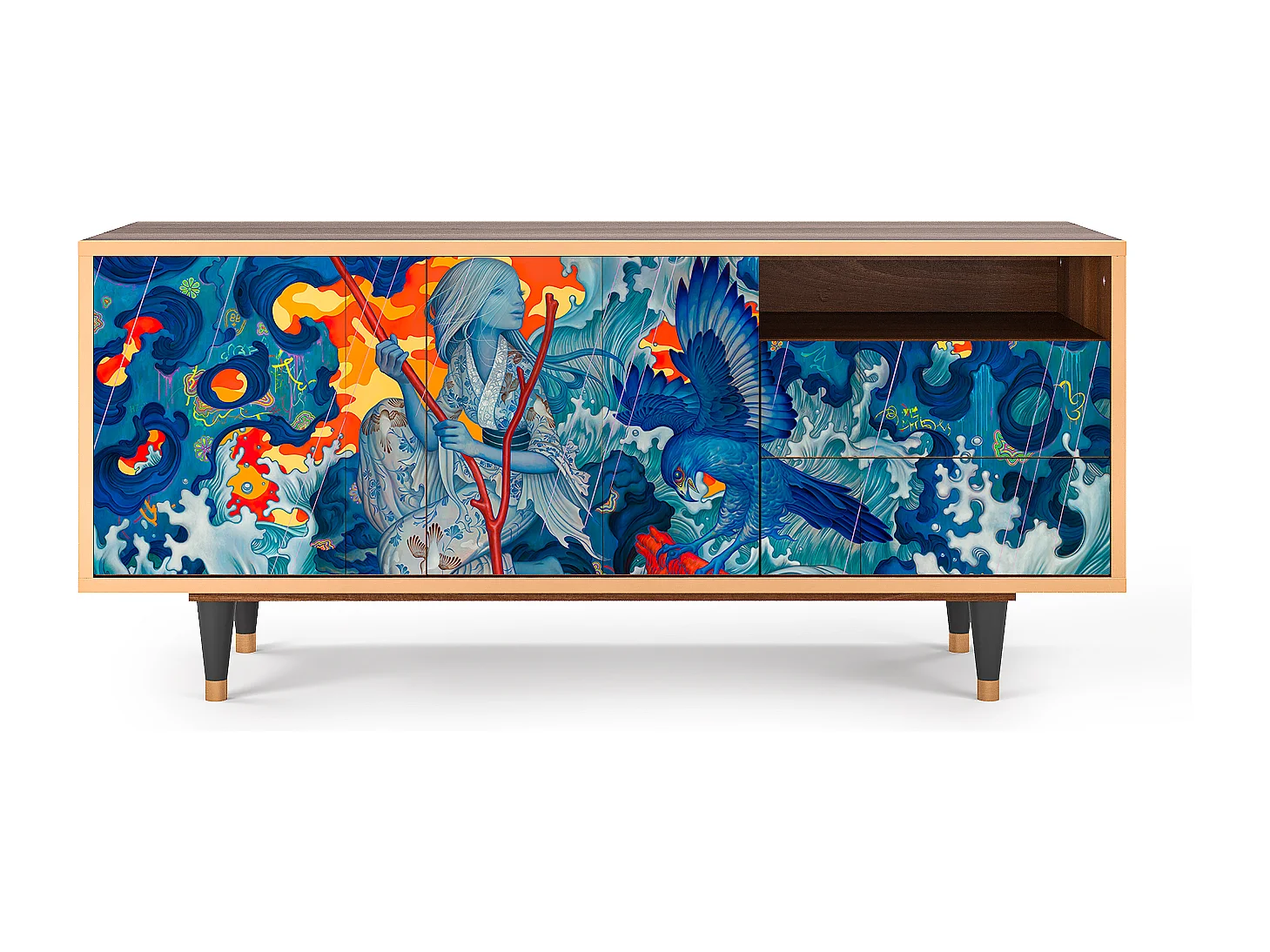 Szafka RTV - 125х56х41 cm - T7 - The Girl - James Jean, Orzech