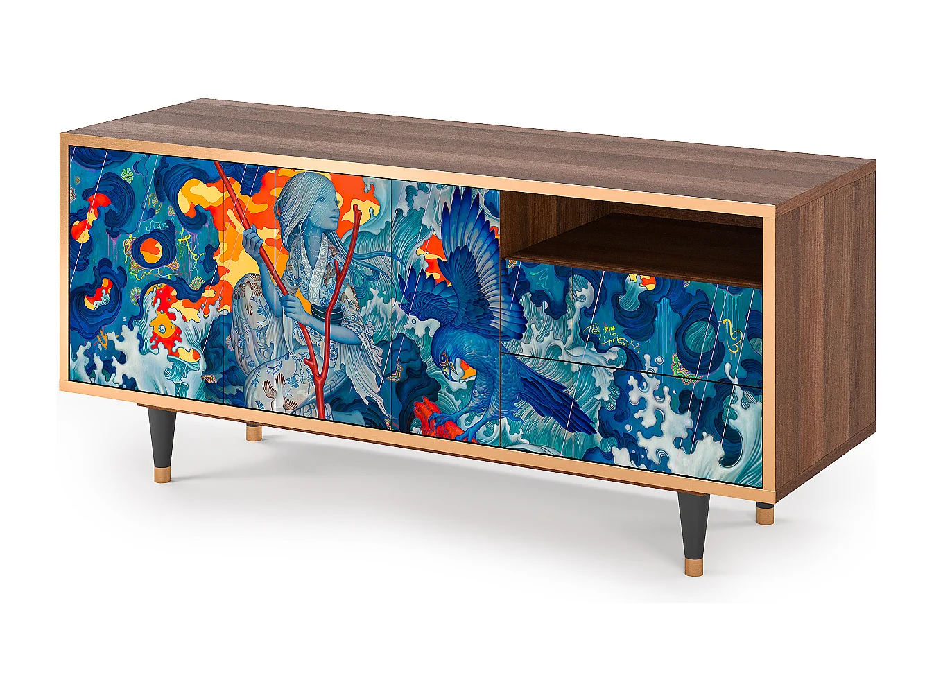 Szafka RTV - 125х56х41 cm - T7 - The Girl - James Jean, Orzech