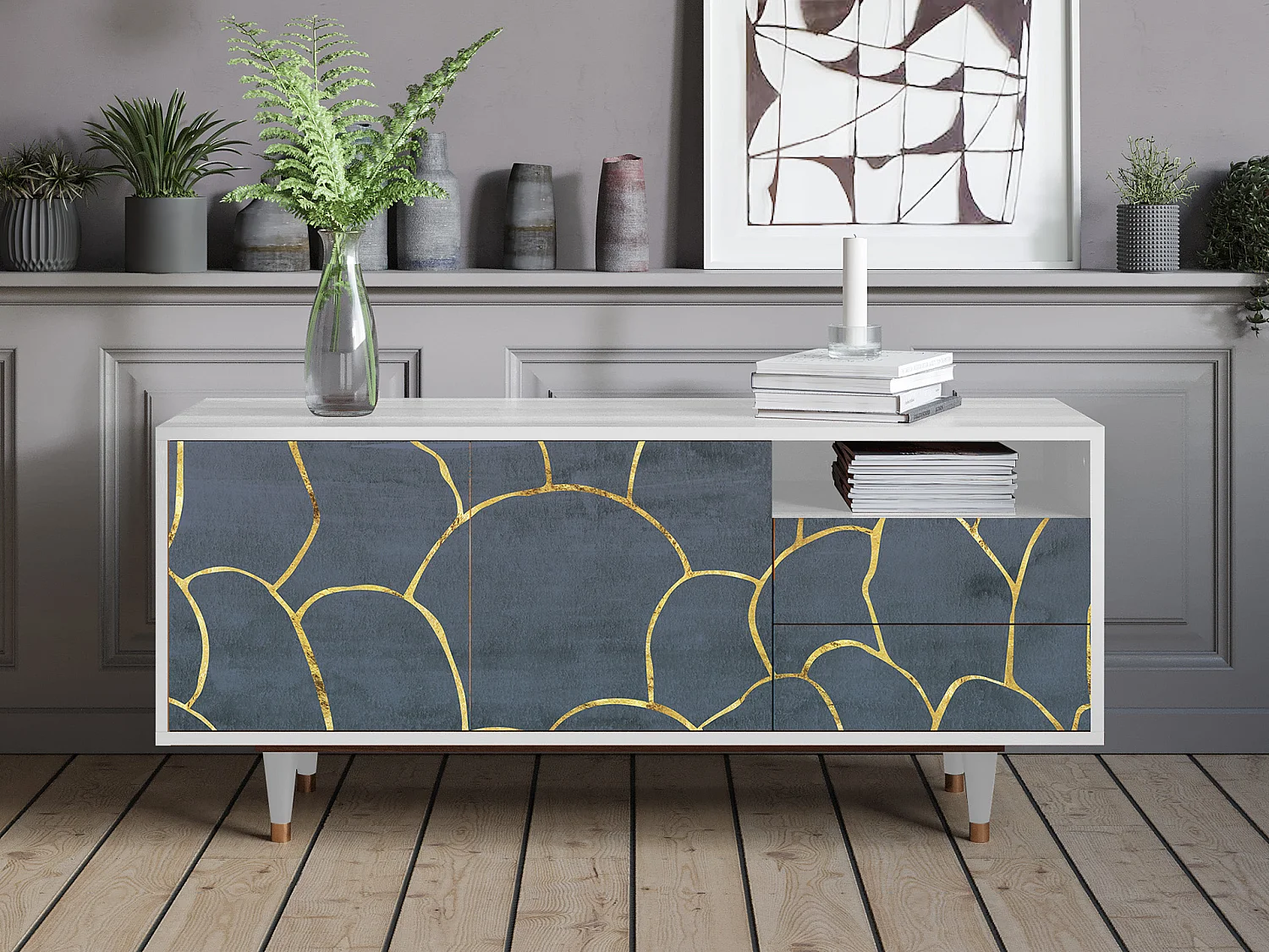 Meuble TV - 125х56х41 cm - T7 - Blue Lagoon, Blanc