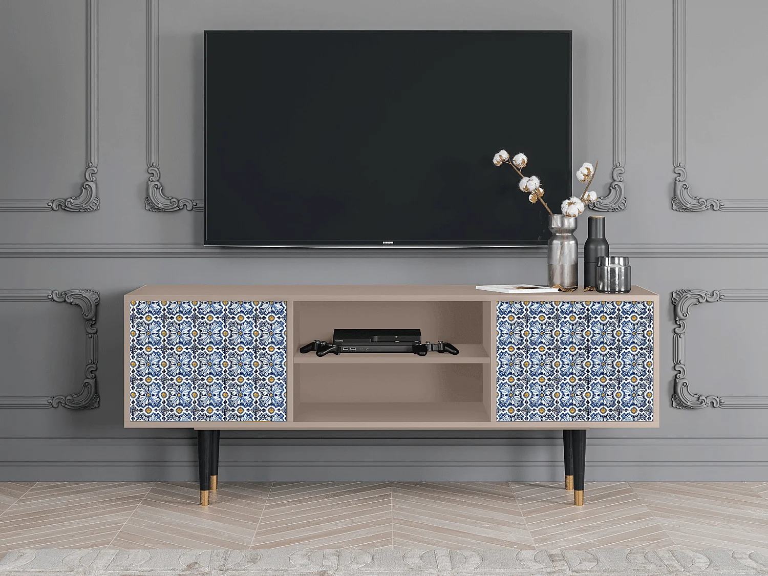 Mueble de TV - 170х69х48 cm - T2 - Lovely Cornflowers, Latte