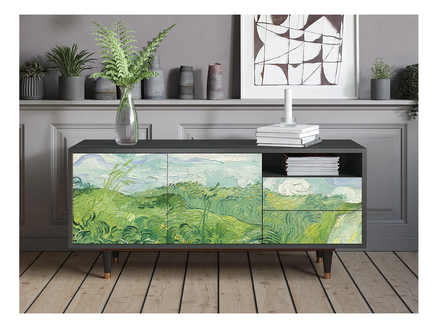 Szafka RTV - 125х56х41 cm - T7 - Green Wheat Fields, Antracyt