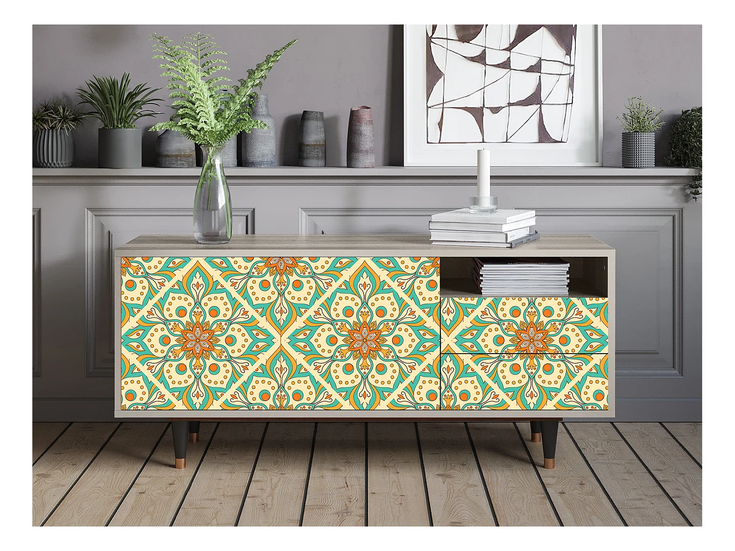 Meuble TV - 125х56х41 cm - T7 - Hindu Daisy, Sable