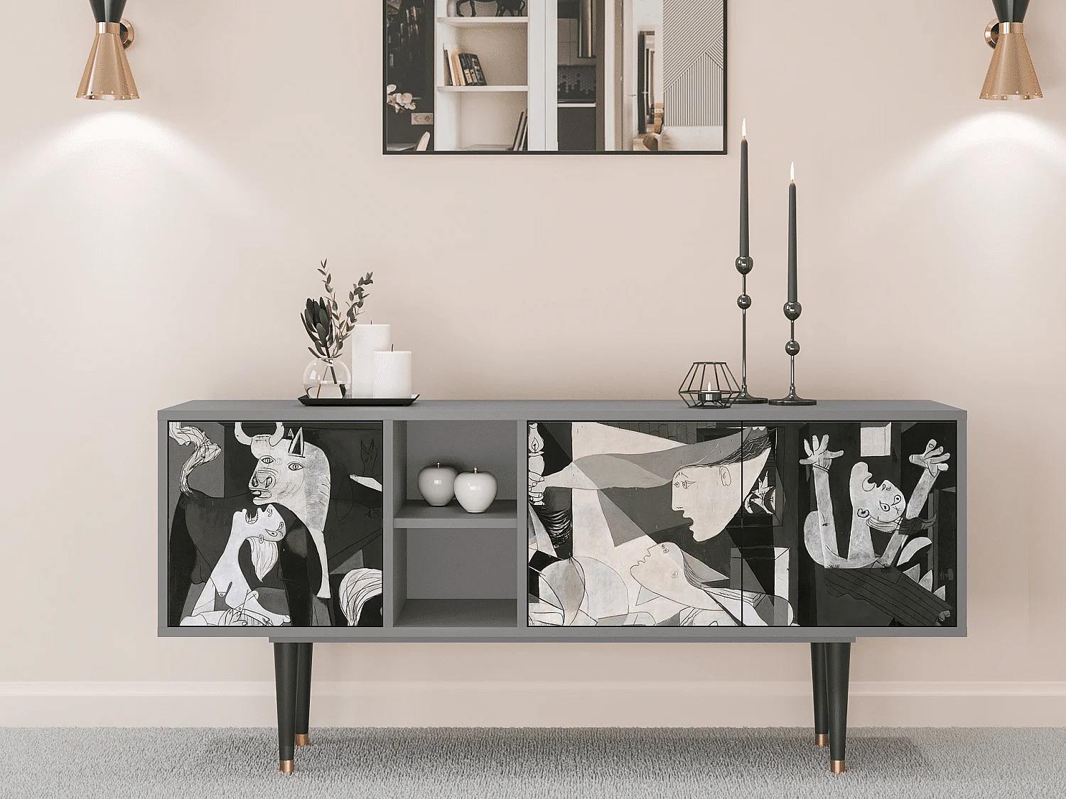 Mueble de TV - 150х69х41 cm - T5 - Guernica by Picasso, Cinza