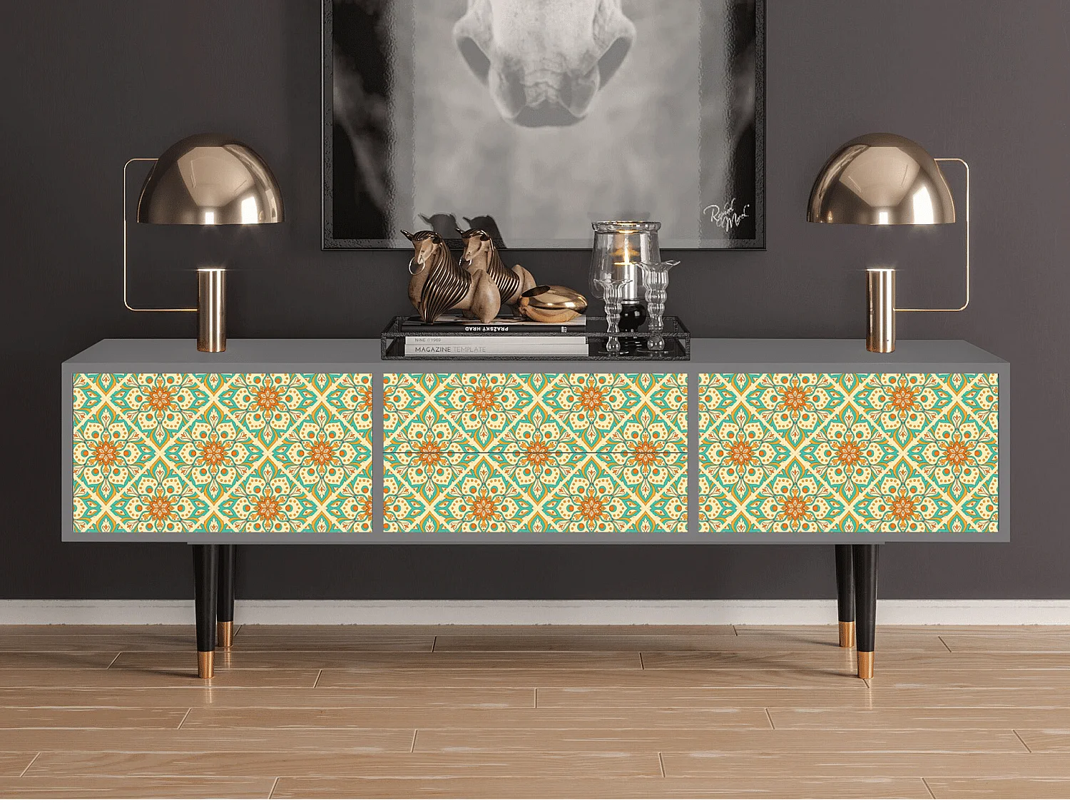 Meuble TV - 170х59х48 cm - T4 - Hindu Daisy, Gris