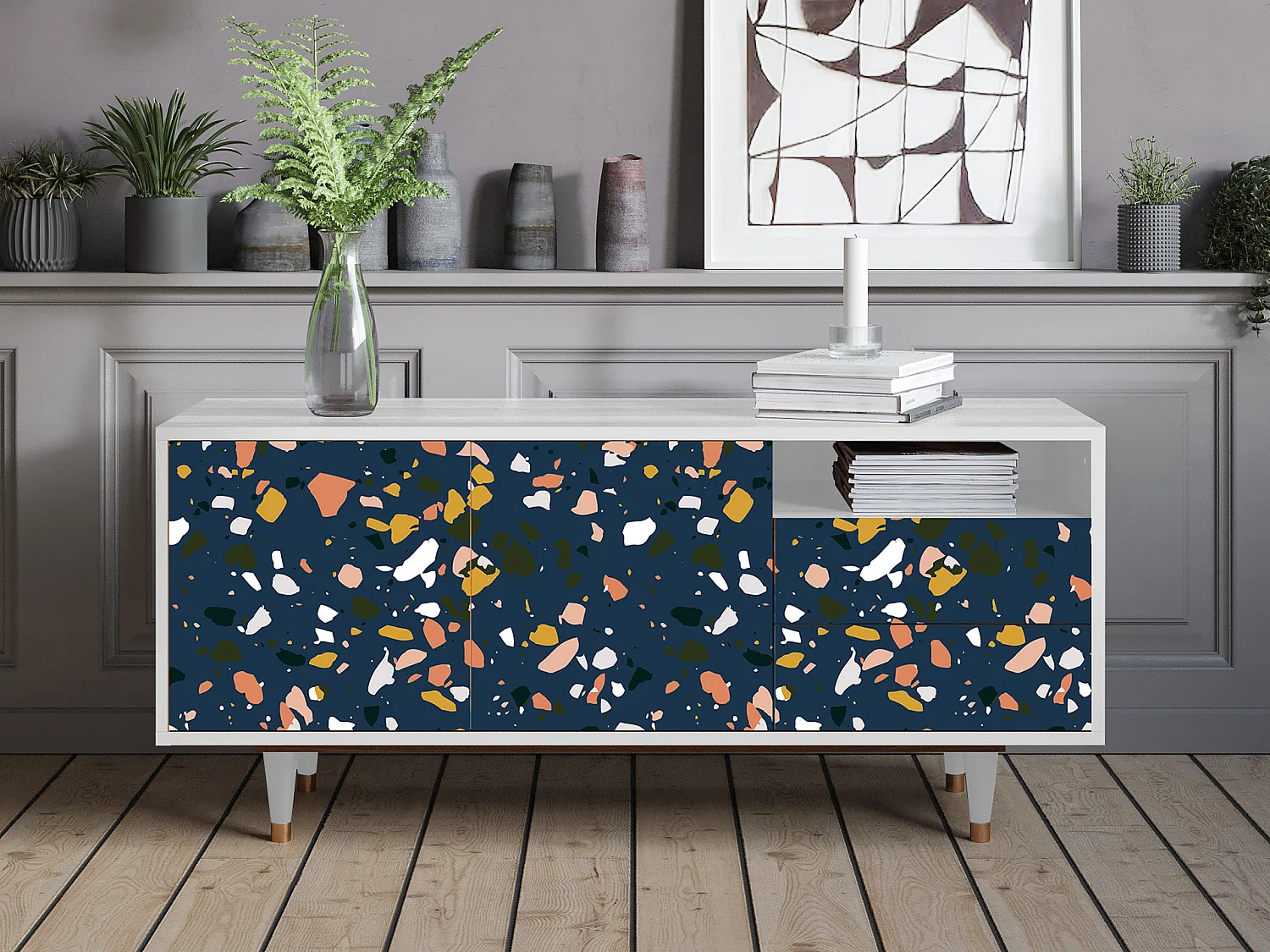 Meuble TV - 125х56х41 cm - T7 - Night Sky Langhterns, Blanc