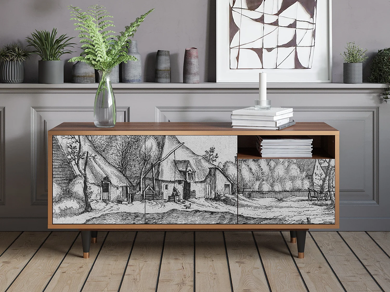 TV-Möbel - 125х56х41 cm - T7 - Farms in a Village, Walnuss