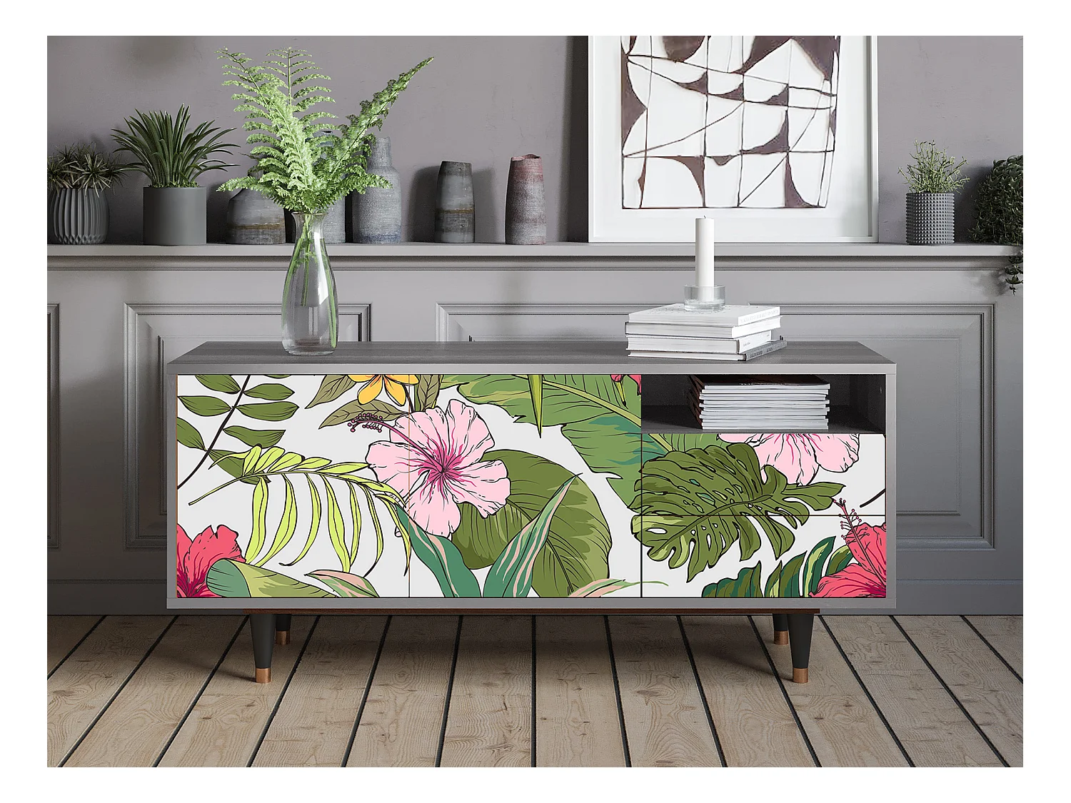 Meuble TV - 125х56х41 cm - T7 - Verdant Tropics, Gris