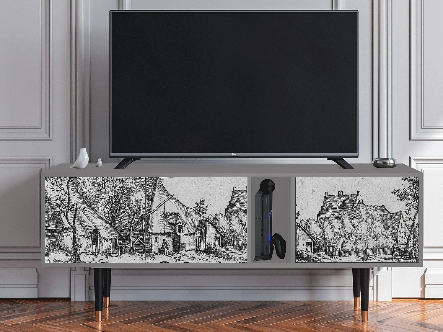 TV-meubel - 170х69х48 cm - T1 - Farms in a Village, Grijs