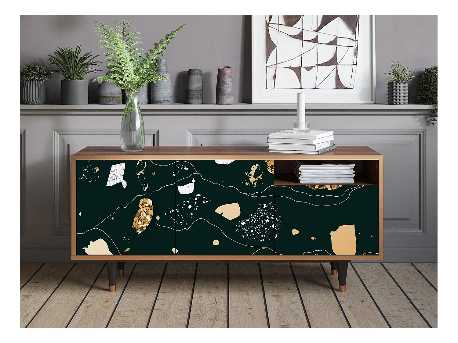 Mueble de TV - 125х56х41 cm - T7 - Space Rocks, Nogal