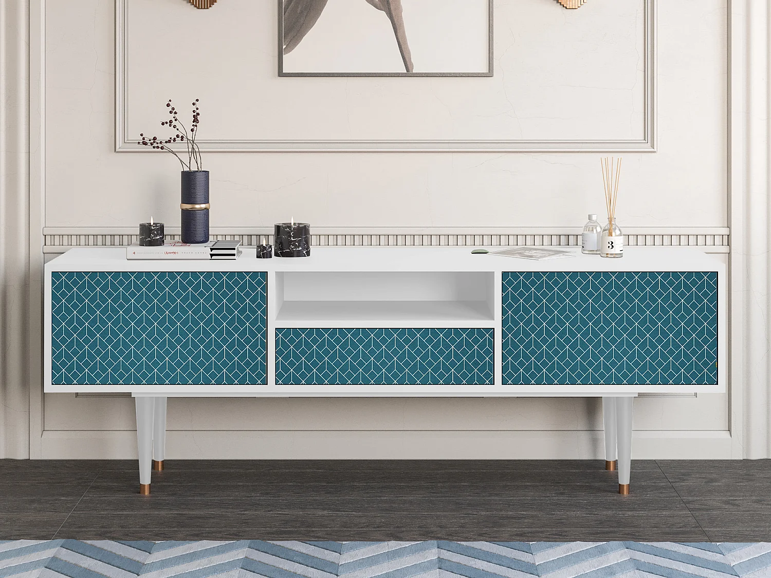 TV-meubel - 170х59х41 cm - T6 - Turquoise Geometry, Wit