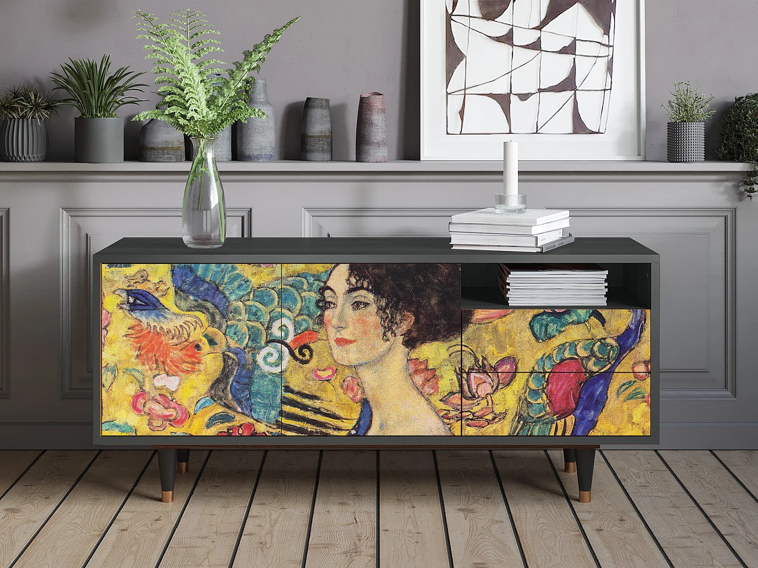 TV-Möbel - 125х56х41 cm - T7 - Lady with Fan by Klimt, Anthrazit