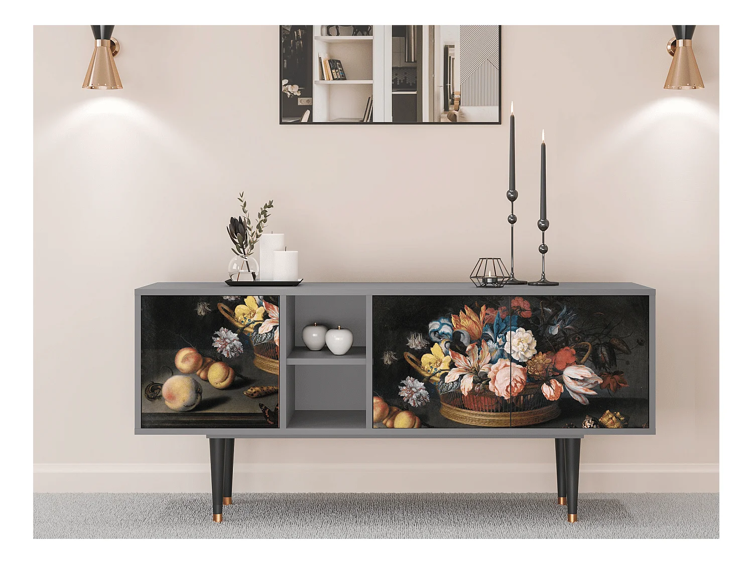Meuble TV - 150х69х41 cm - T5 - Still Life with Flowers, Gris