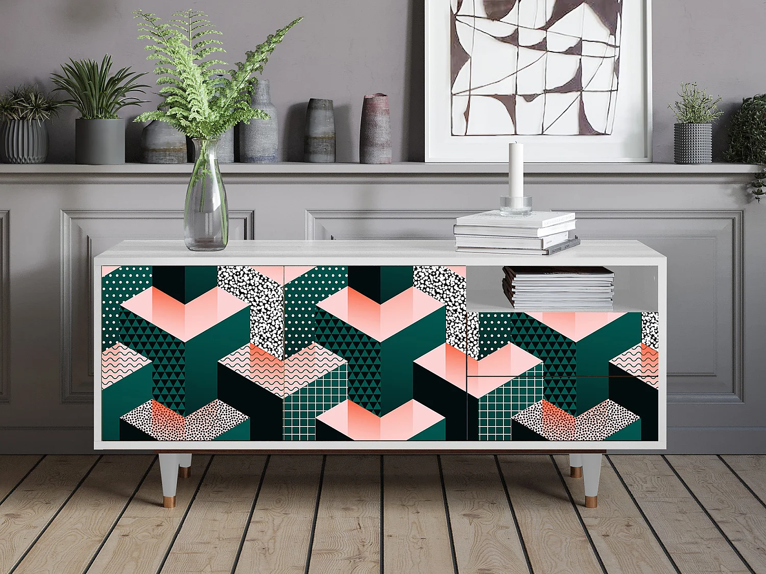 Mueble de TV - 125х56х41 cm - T7 - Geometric Madness, Branco