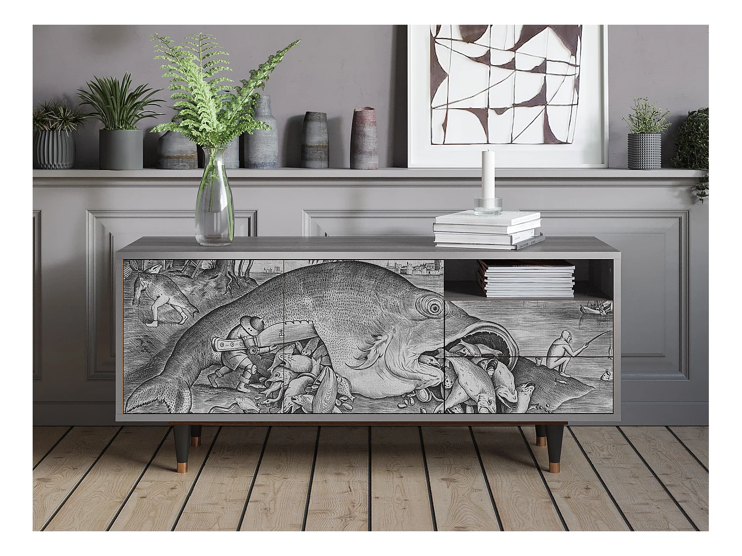 Szafka RTV - 125х56х41 cm - T7 - Big Fish Eat Little, Szary