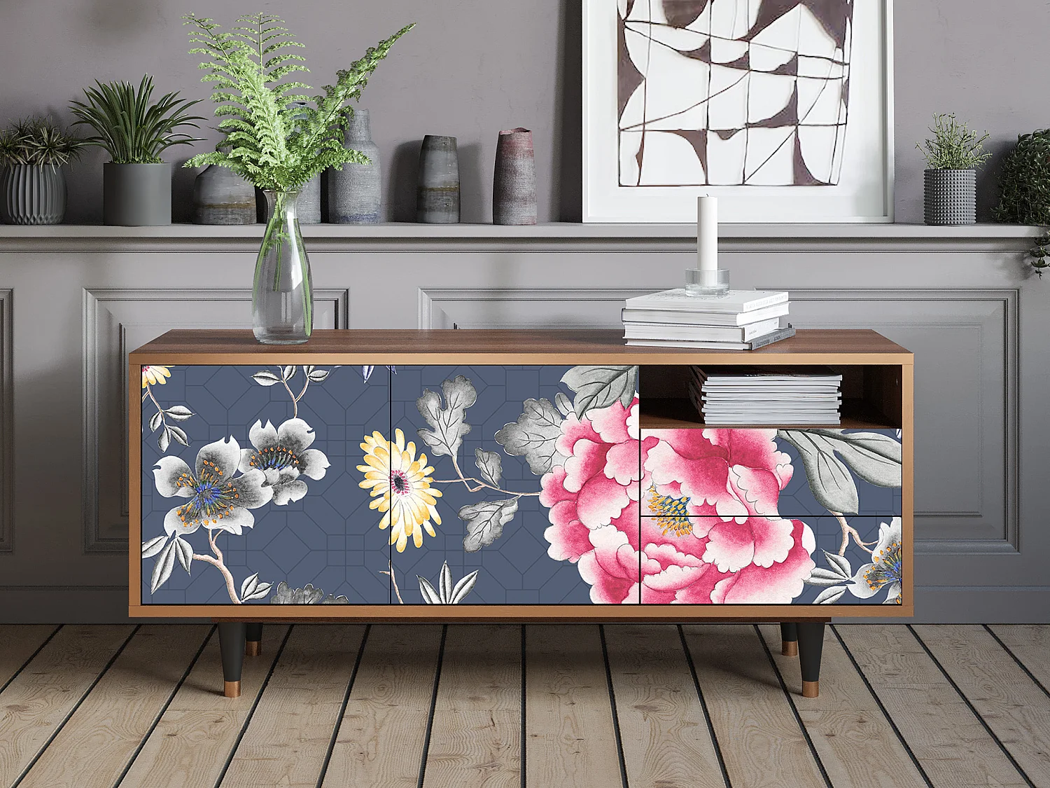 Meuble TV - 125х56х41 cm - T7 - Dark Flower Bed, Noyer