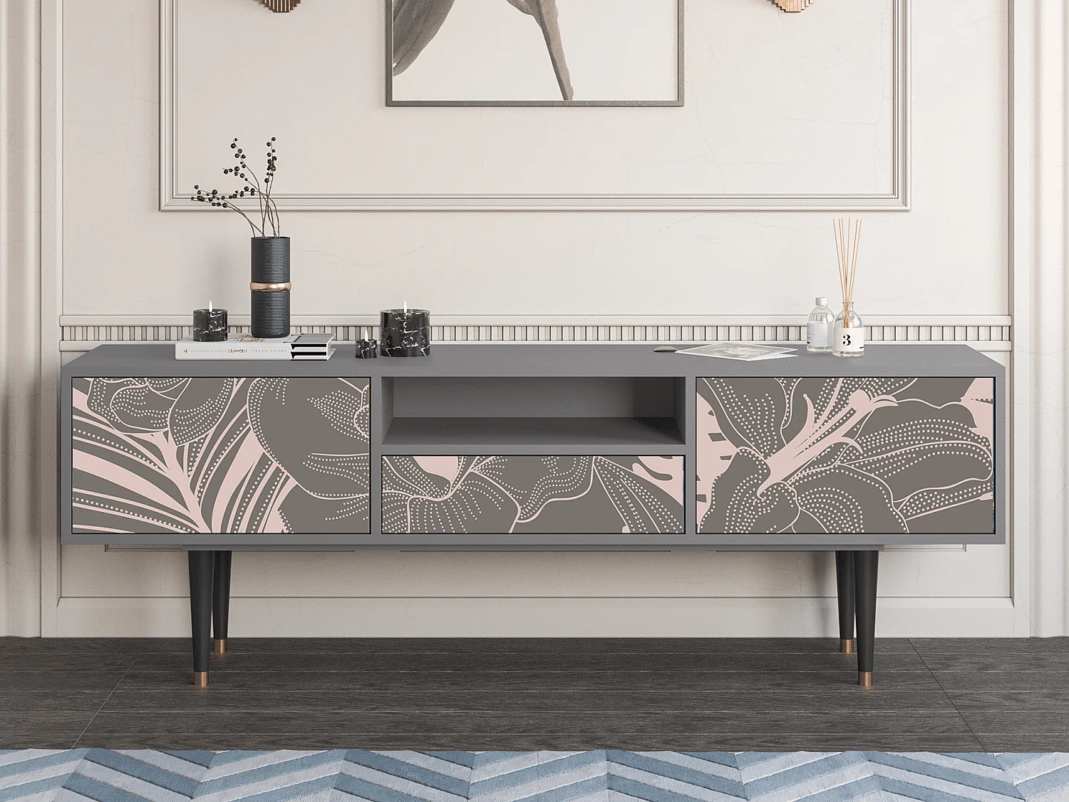 Meuble TV - 170х59х41 cm - T6 - Issabelline Flower, Gris