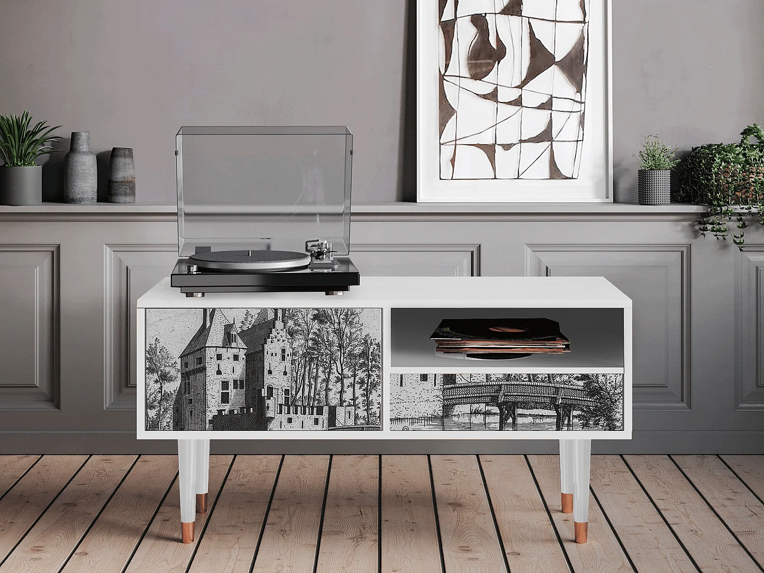 Szafka RTV - 115х59х48 cm - T3 - Castle with Bridge, Biały