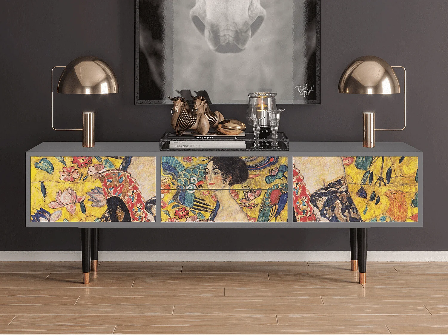 Mueble de TV - 170х59х48 cm - T4 - Lady with Fan by Klimt, Gris