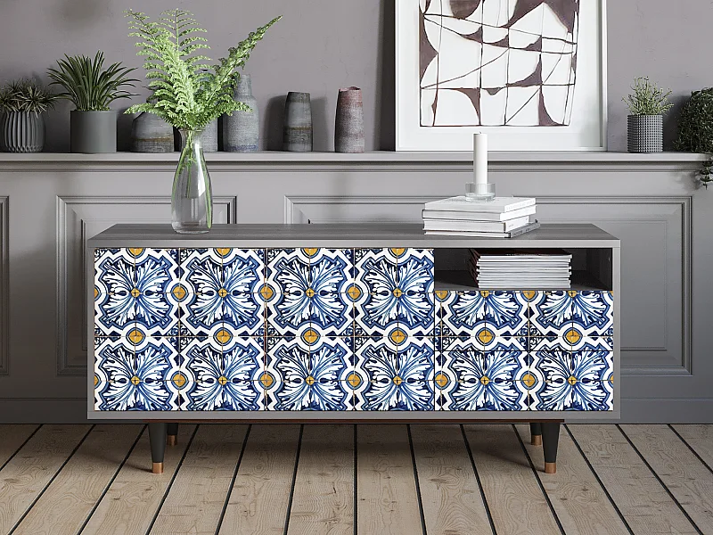 Meuble TV - 125х56х41 cm - T7 - Lovely Cornflowers, Gris