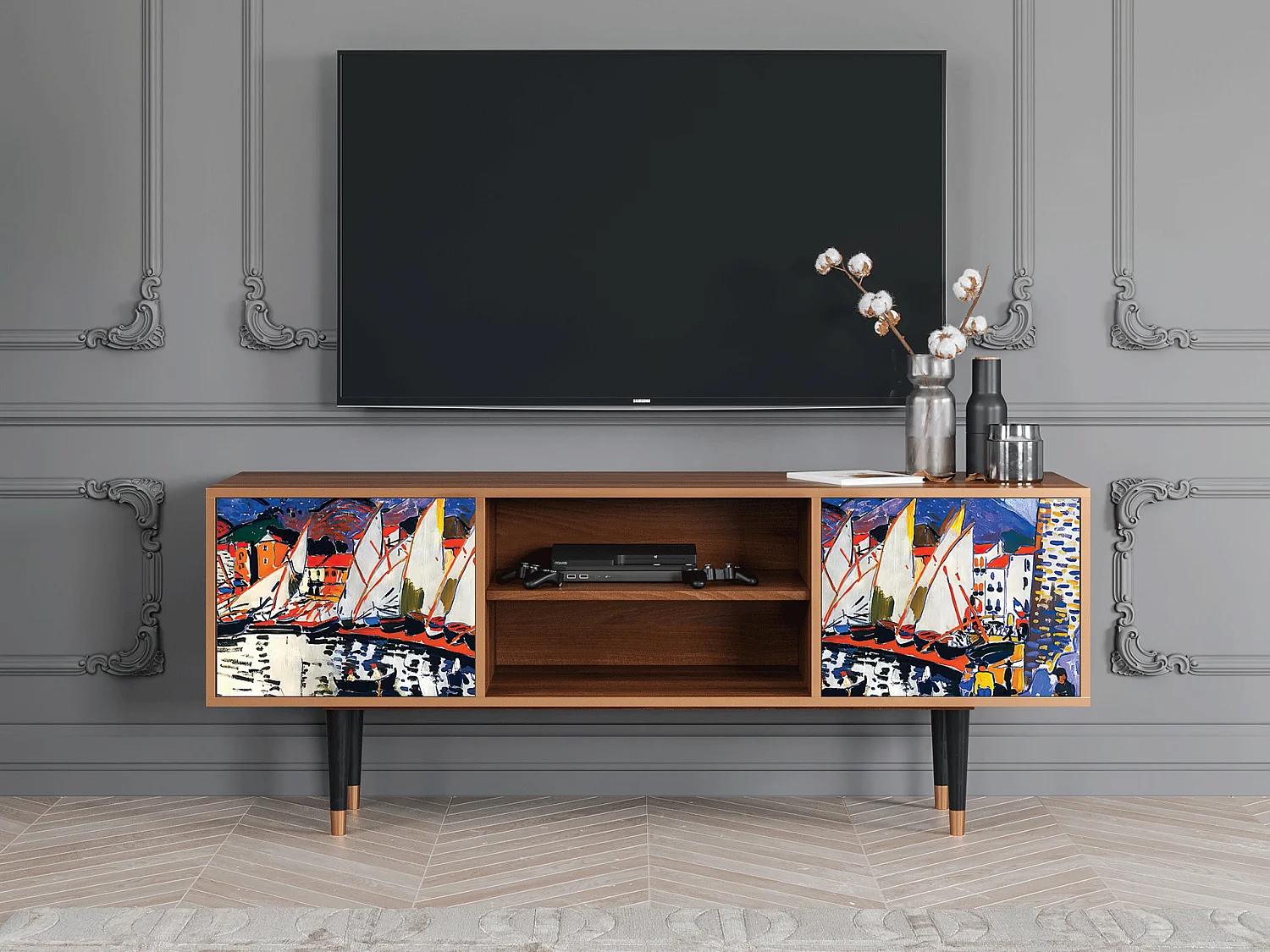 Szafka RTV - 170х69х48 cm - T2 - Le Séchage des voiles , Orzech