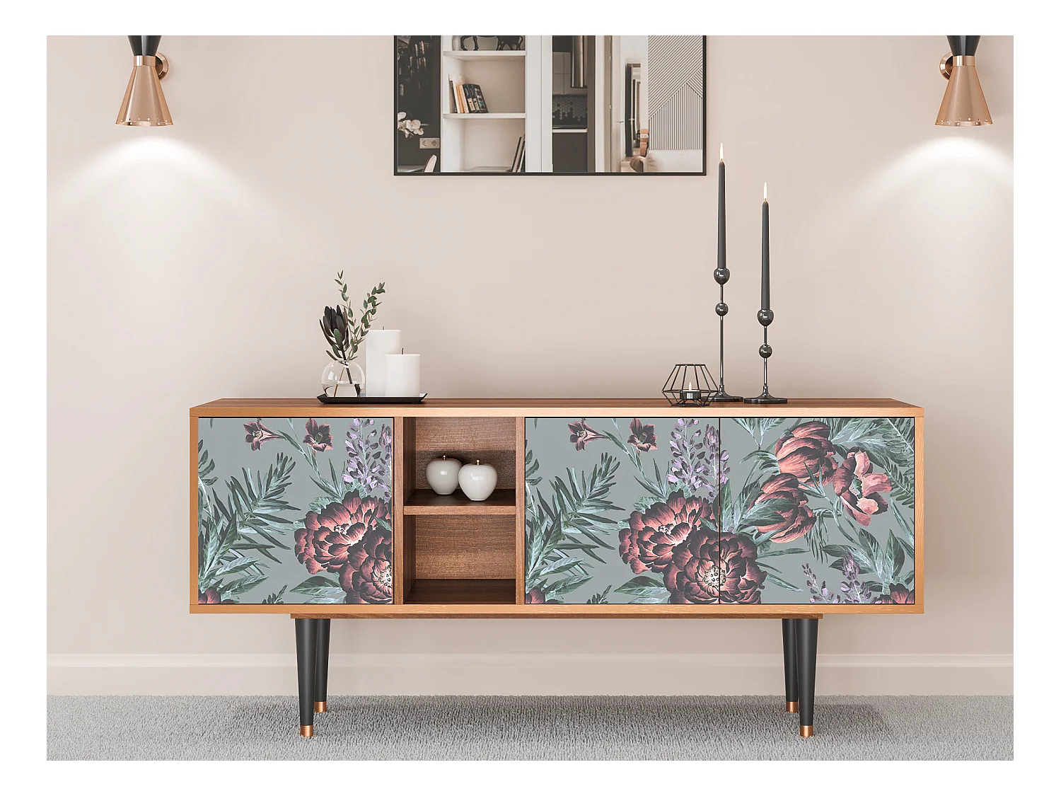 TV-Möbel - 150х69х41 cm - T5 - Light Peonies, Walnuss
