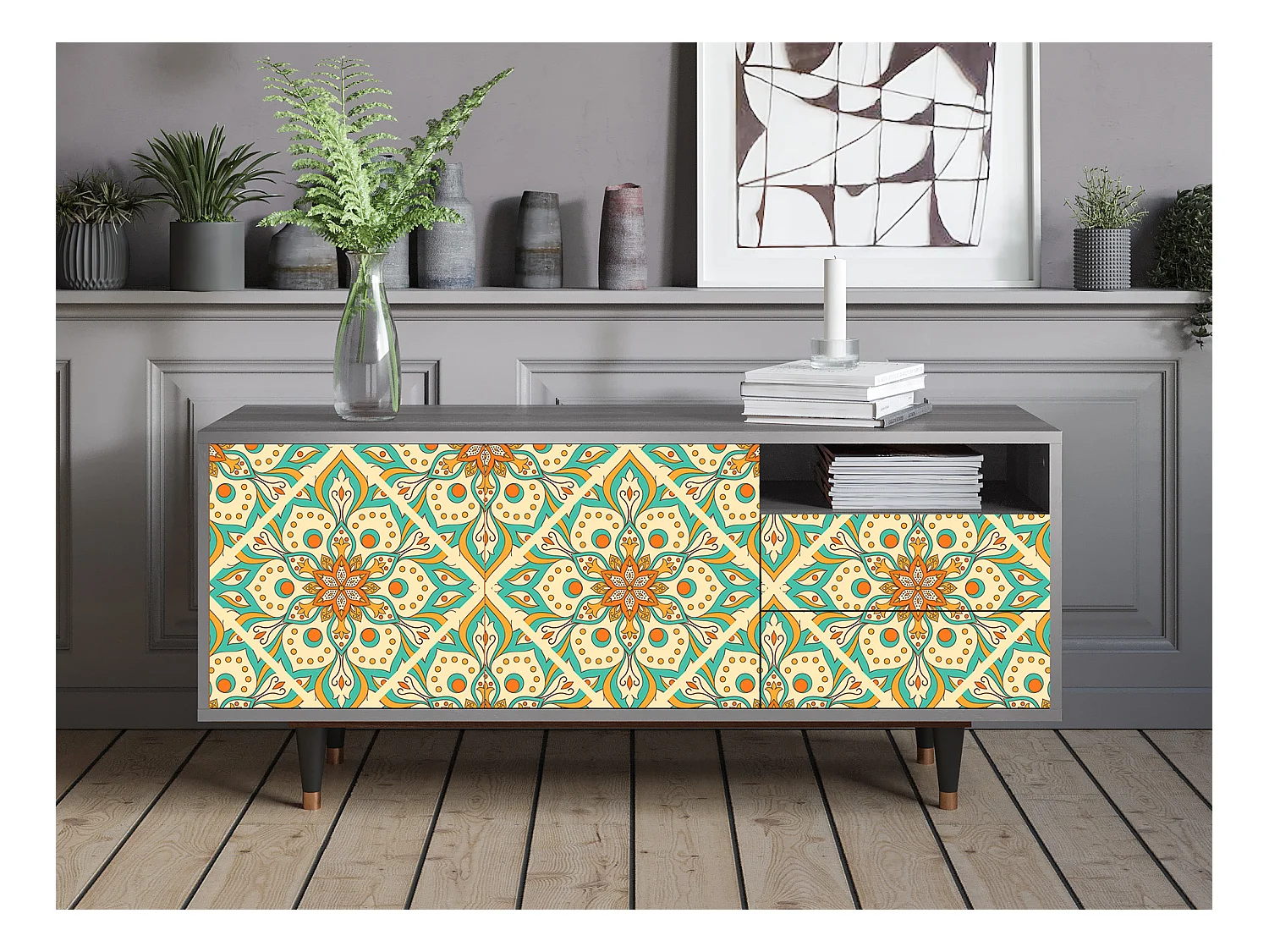 TV-Möbel - 125х56х41 cm - T7 - Hindu Daisy, Grau
