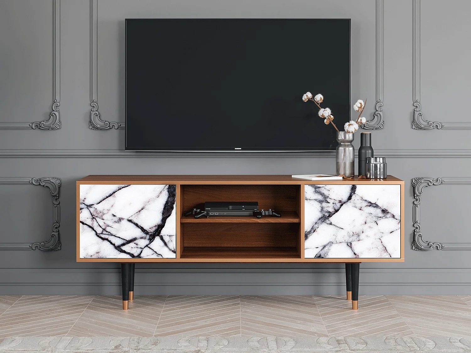 Meuble TV - 170х69х48 cm - T2 - Raven Marble, Noyer