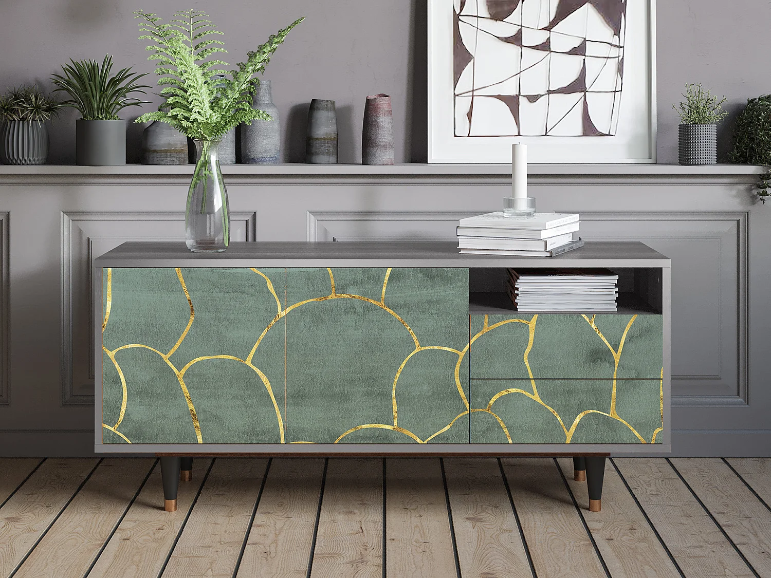 Meuble TV - 125х56х41 cm - T7 - Magnificent Water Lily, Gris