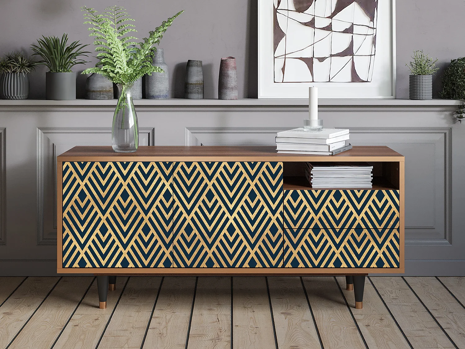 Meuble TV - 125х56х41 cm - T7 - Egypt Triangles, Noyer