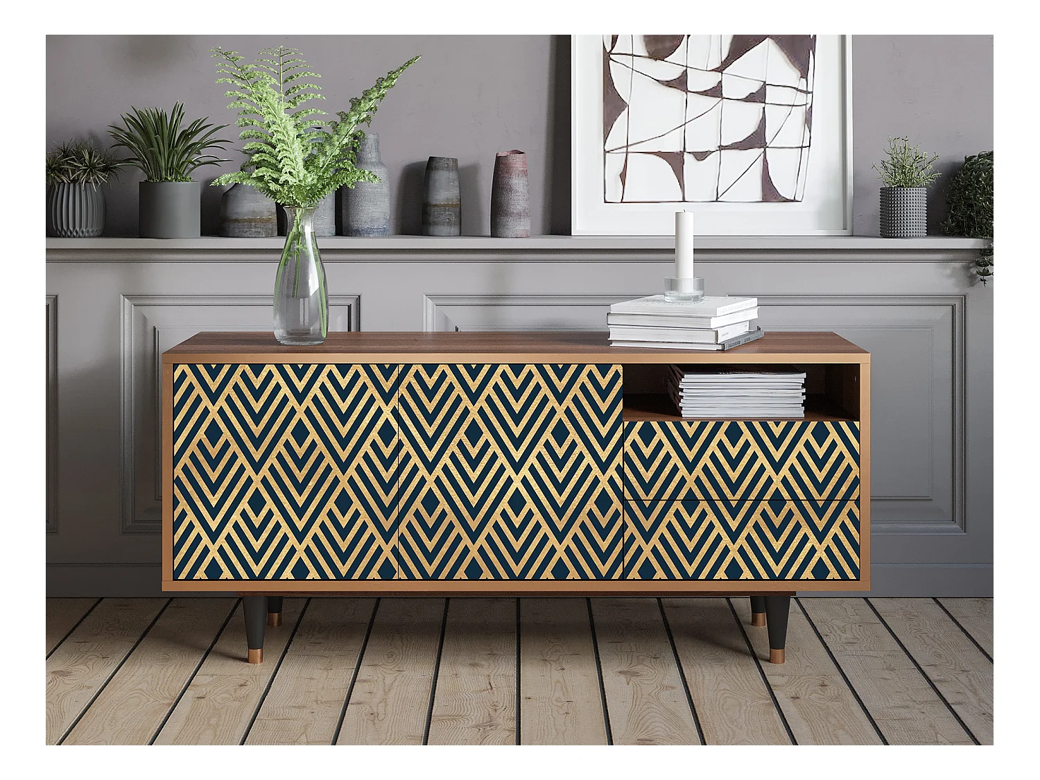 Meuble TV - 125х56х41 cm - T7 - Egypt Triangles, Noyer