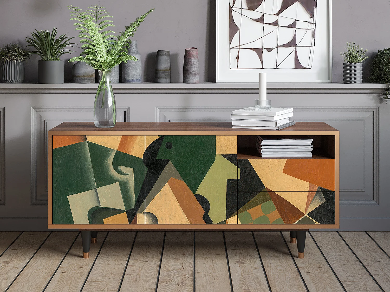 TV-meubel - 125х56х41 cm - T7 - Glass and Checkerboard, Walnoot