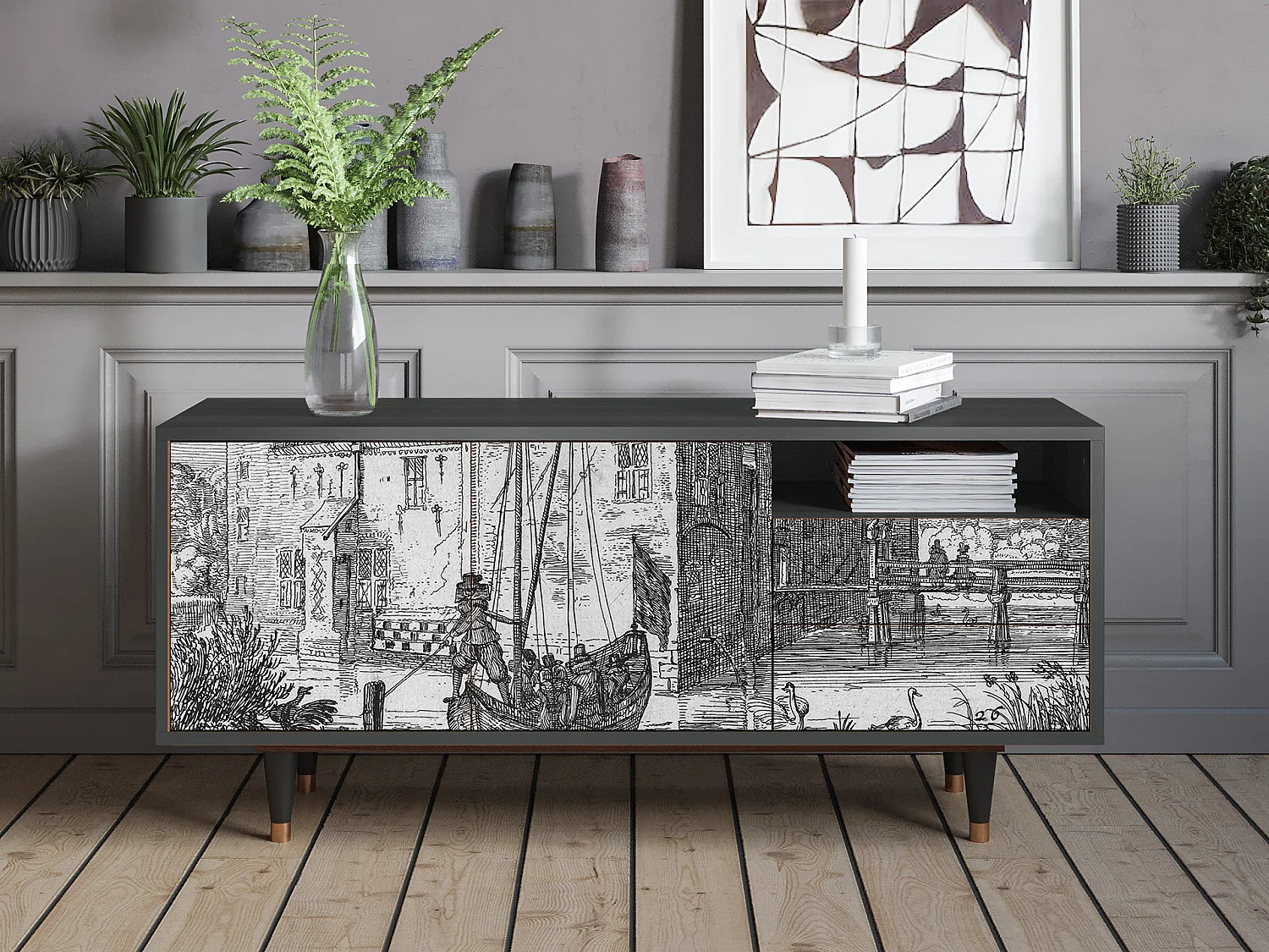 Meuble TV - 125х56х41 cm - T7 - Castle with Bridge, Anthracite