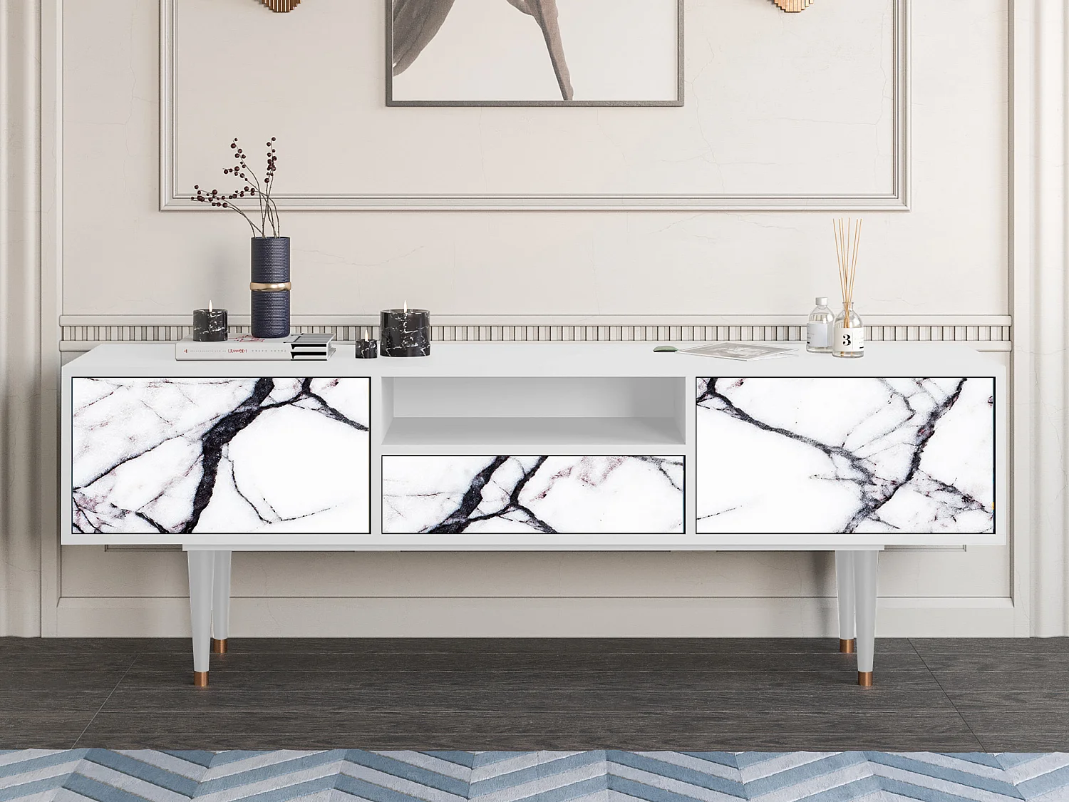 Szafka RTV - 170х59х41 cm - T6 - Raven Marble, Biały