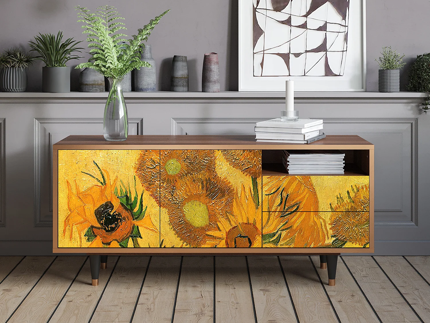 TV-meubel - 125х56х41 cm - T7 - Sunflowers, Walnoot