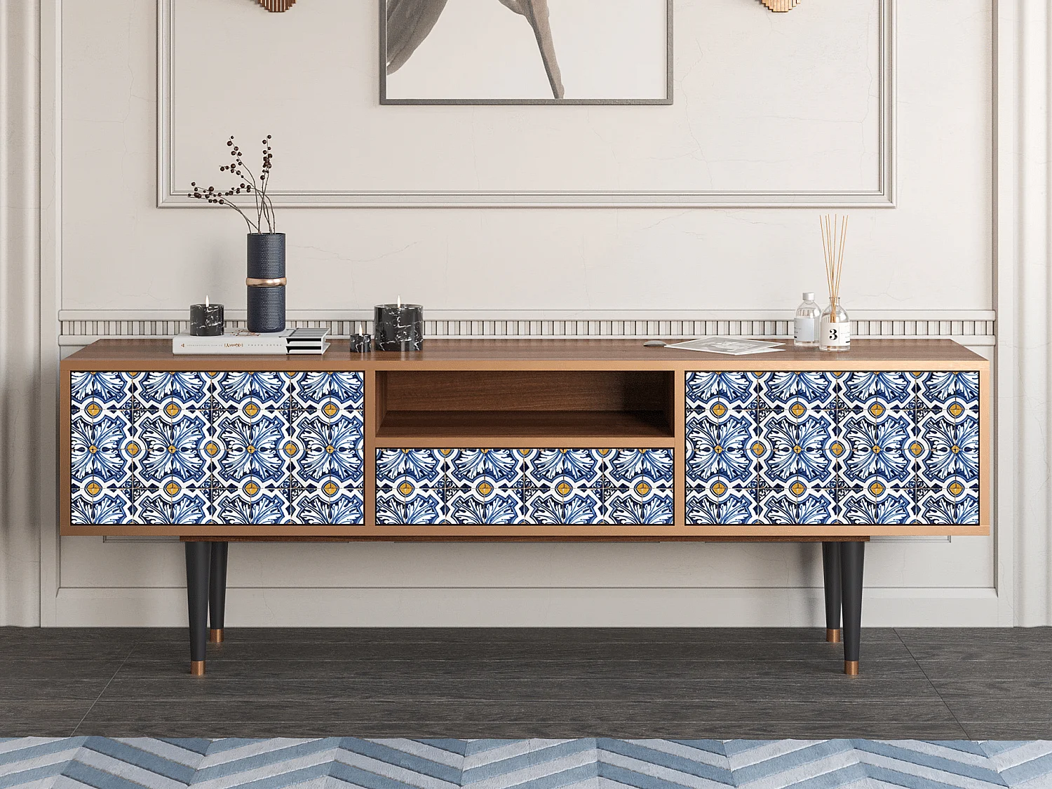 Meuble TV - 170х59х41 cm - T6 - Lovely Cornflowers, Noyer