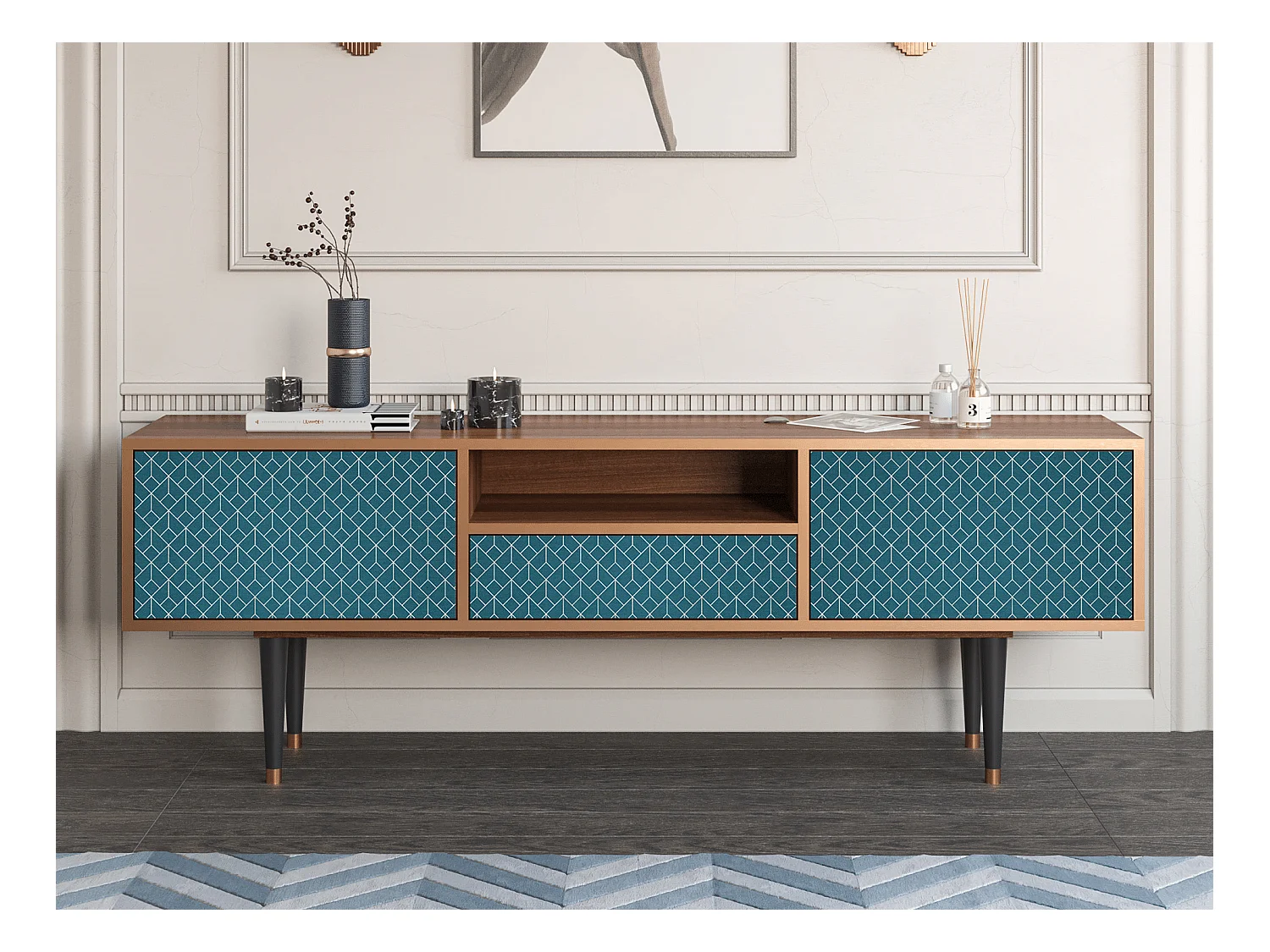 Meuble TV - 170х59х41 cm - T6 - Turquoise Geometry, Noyer