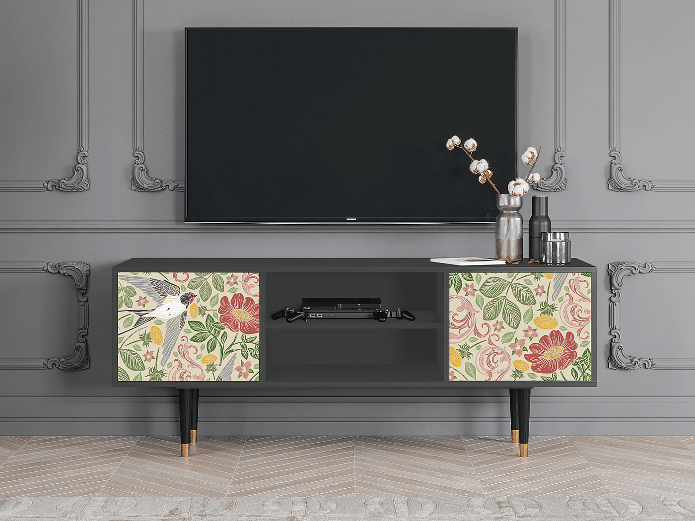 Szafka RTV - 170х69х48 cm - T2 - Spring Swallow, Antracyt