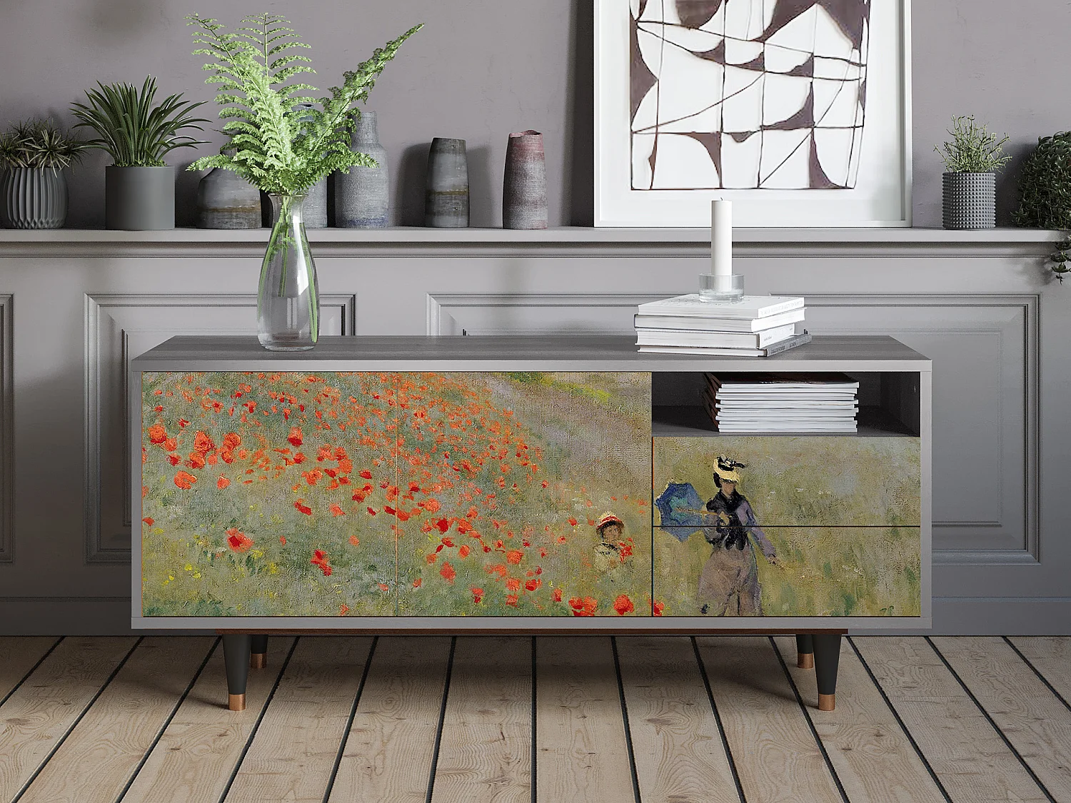 Meuble TV - 125х56х41 cm - T7 - The Poppy Field   , Gris